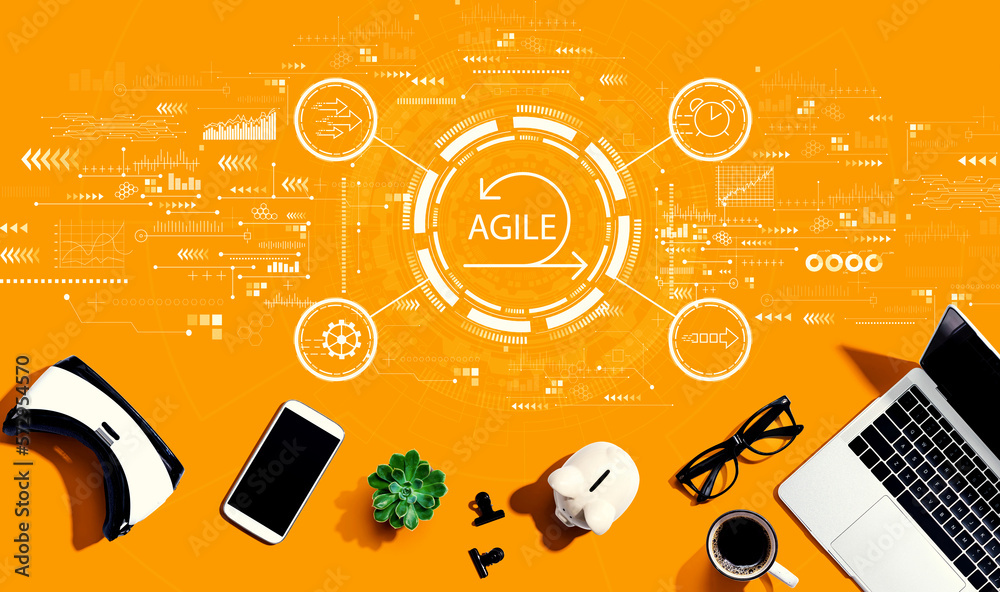 Agile concept with electronic gadgets and office supplies - flat lay