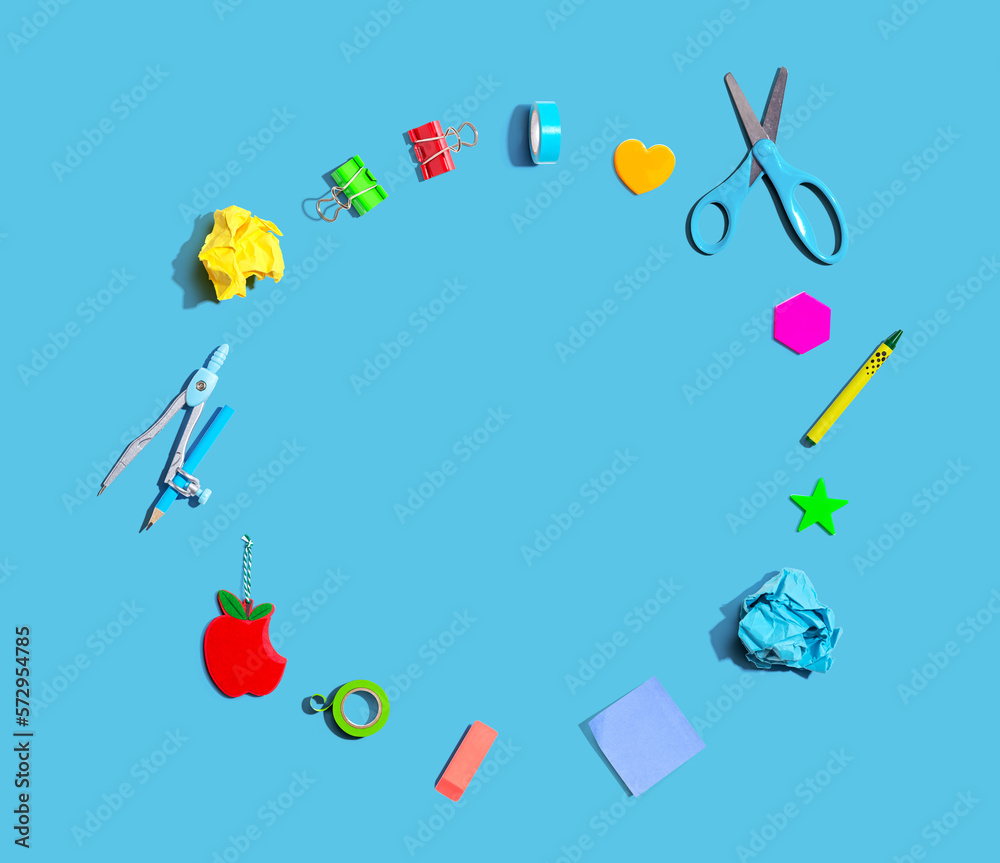 Collection of school supplies overhead view - flat lay