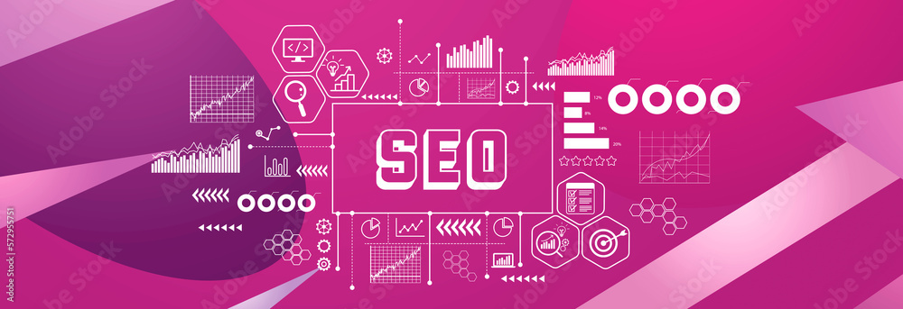 SEO - Search Engine Optimization theme on a geometric pattern background