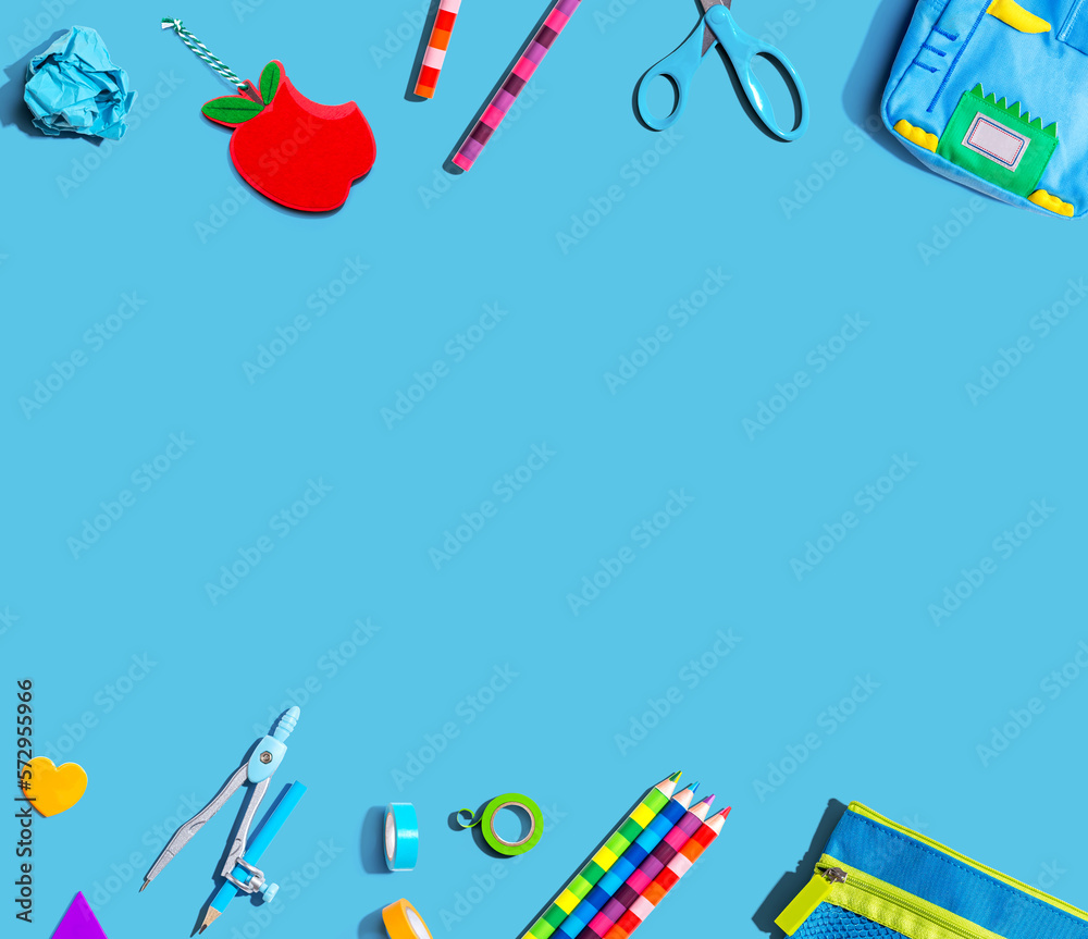 Collection of school supplies overhead view - flat lay