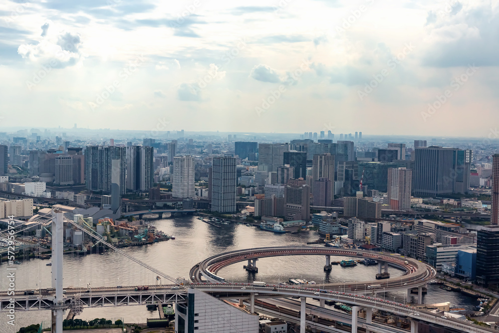 Aerial view of the Rainbow Bridge in Odaiba, Tokyo, Japan