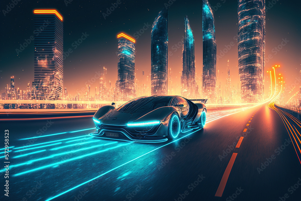 Racing sports car driving on urban city road with luxury digital technology . Sublime Generative AI 