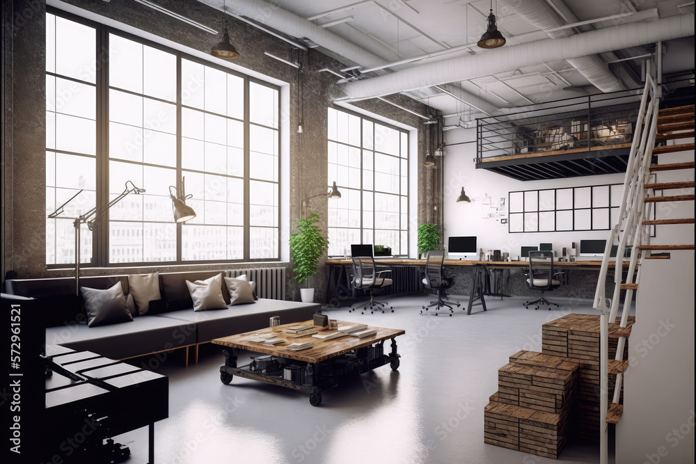 Luxury workspace office decorated with industrial loft modern interior design. Peculiar AI generativ