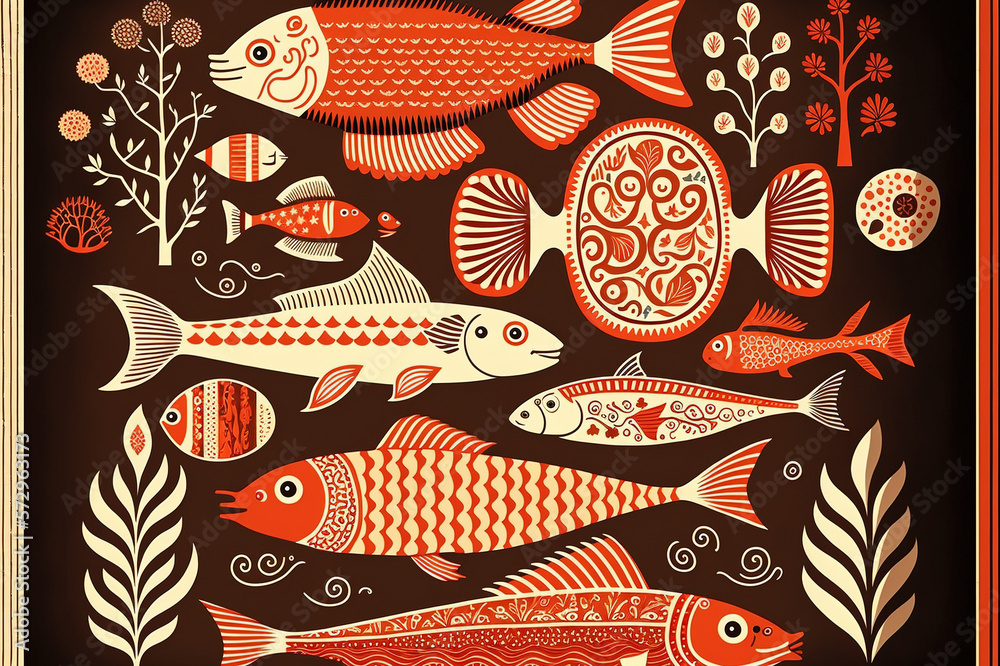 Folk art design of fish pattern wallpaper, red color theme . Sublime Generative AI image .