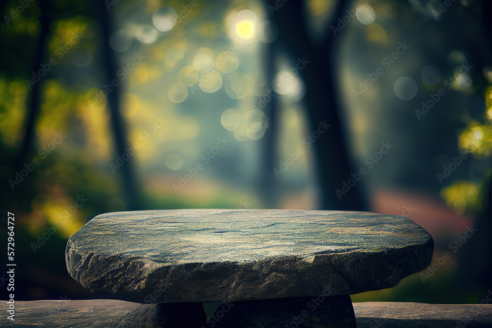 Empty stone table for product advertising display in fresh green jungle blur background . Admirable 