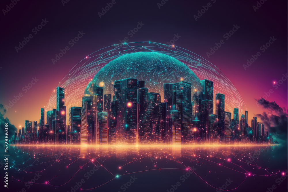 Futuristic smart city internet network connection through wireless system. Peculiar AI generative im