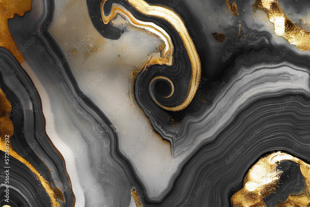 Abstract art background with a fluid marble black and gold texture. Splendid generative AI luxury ab