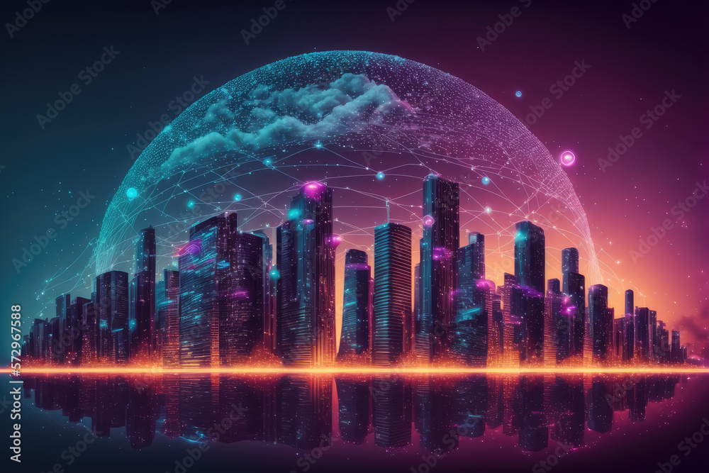 Futuristic smart city internet network connection through wireless system. Peculiar AI generative im