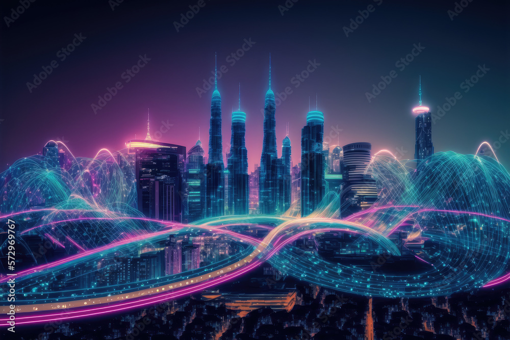 Smart city with communication network graphic connecting the city with wireless internet technology.