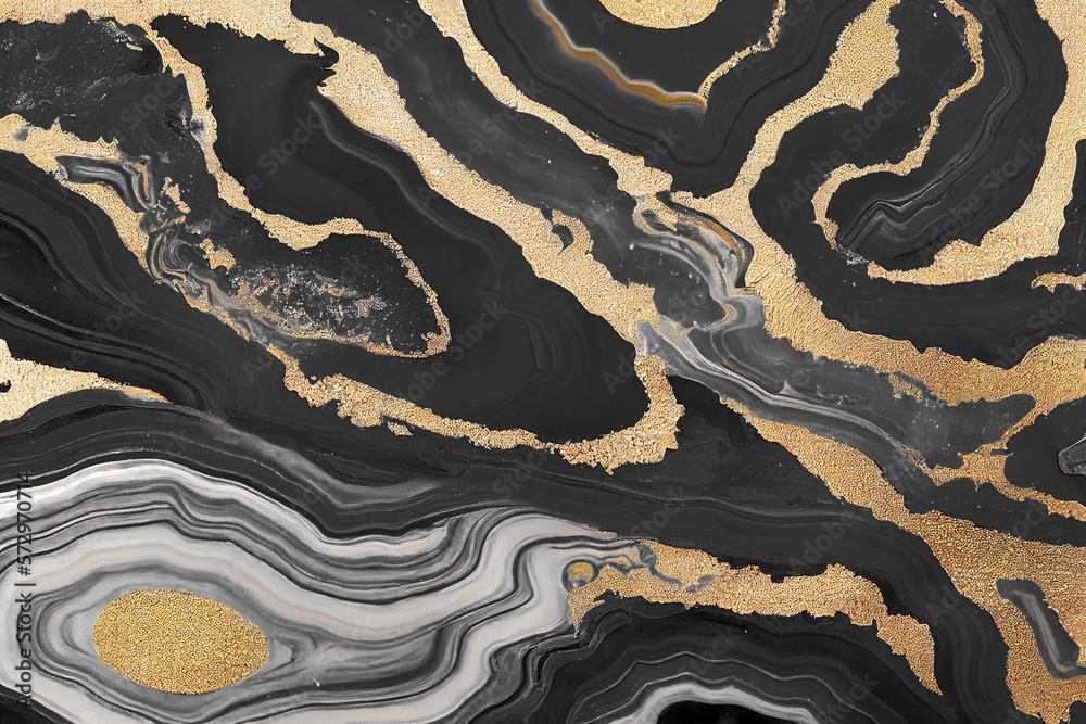 Abstract art background with a fluid marble black and gold texture. Splendid generative AI luxury ab