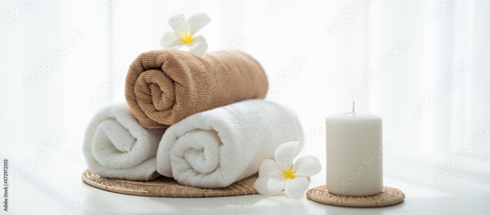 Spa accessory composition set in day spa hotel , beauty wellness center . Spa product are placed in 