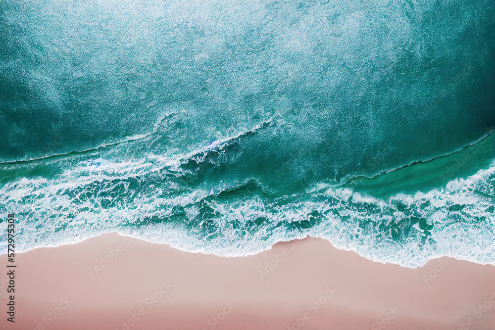 Spectacular top view from drone photo of beautiful pink beach with relaxing sunlight, sea water wave