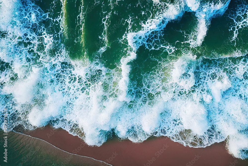 Spectacular top view from drone photo of beautiful pink beach with relaxing sunlight, sea water wave