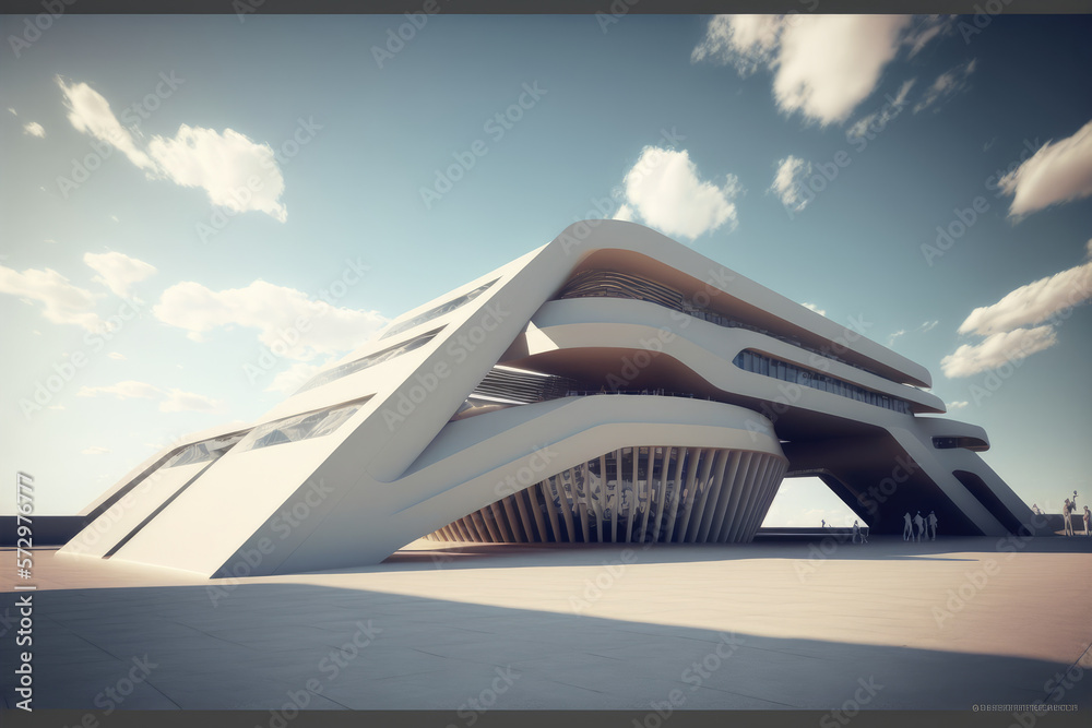 Futuristic architecture of modern hall entrance facade with empty concrete corridor under bright blu