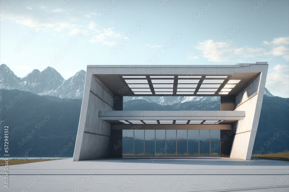 Futuristic architecture of modern hall entrance facade on high mountain top scenery with empty outdo