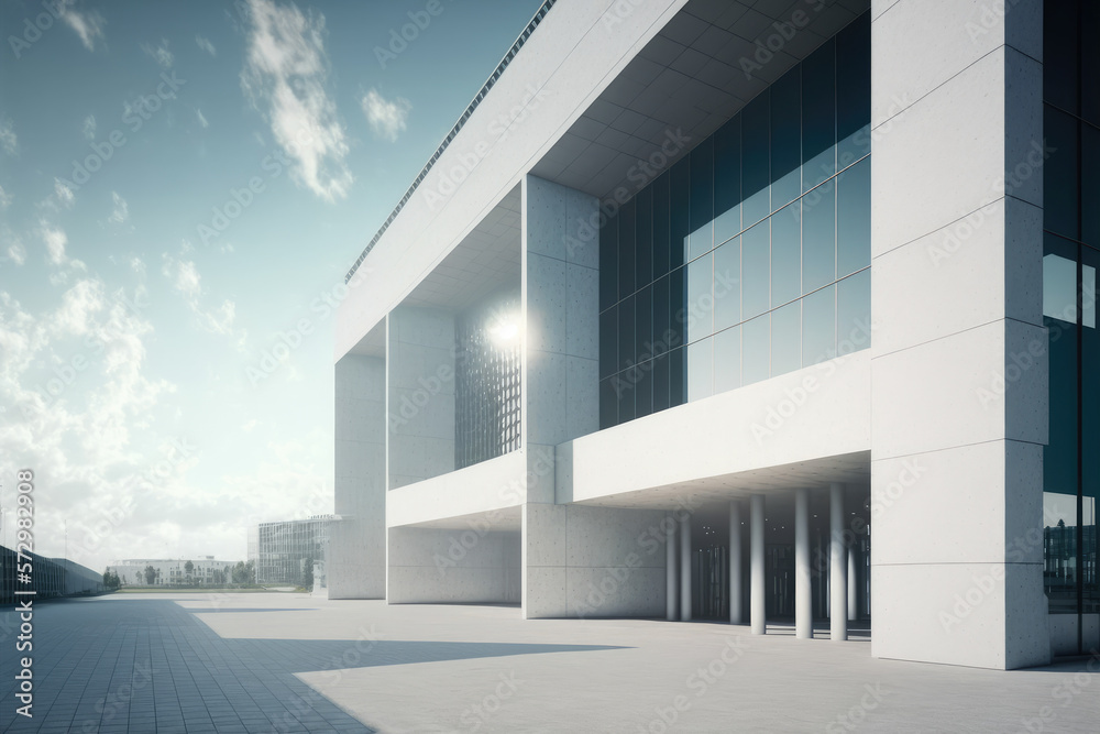 Modern architecture exterior of public hall entrance in urban building outdoor under bright sky with