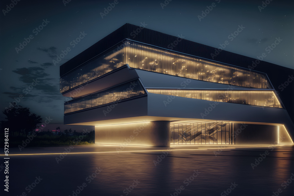 Office buildings and modern architecture at night. Peculiar AI generative image.