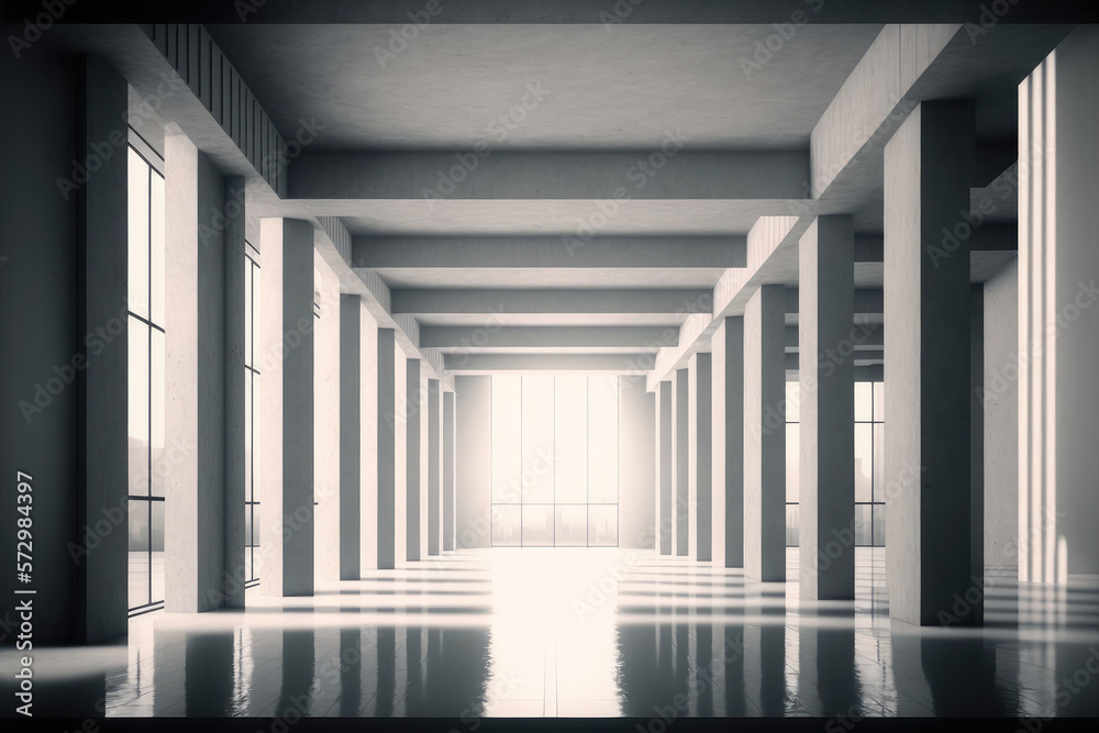 Large hall corridor inside office building background. Peculiar AI generative image.