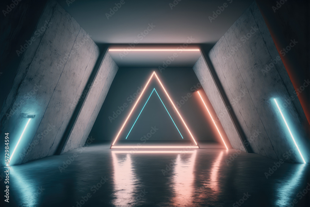 Concrete room with triangle portal illuminated by blue and orange neon light. Peculiar AI generative