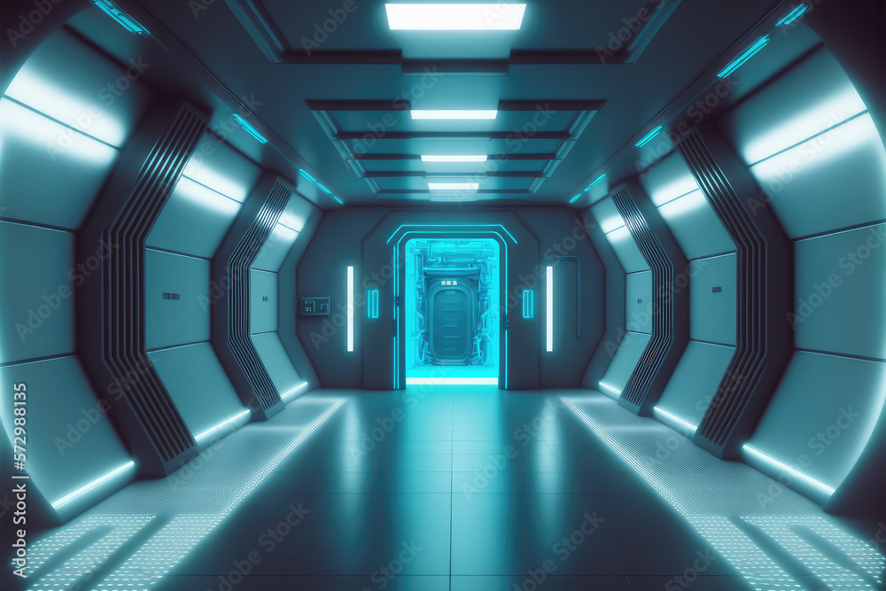 Empty sci-fi futuristic room of spaceship with blue light decoration . Super modern interior design.