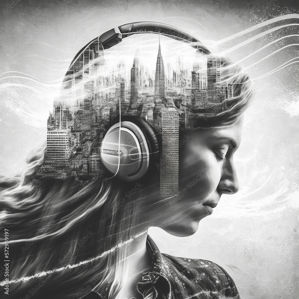 Sedate double exposure portrait of happy beautiful girl enjoying music in headphone concept with urb