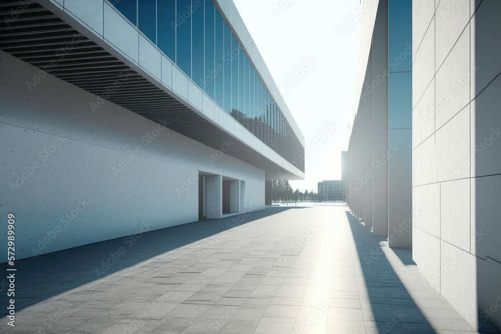 Modern architecture exterior of public hall entrance in urban building outdoor under bright sky with