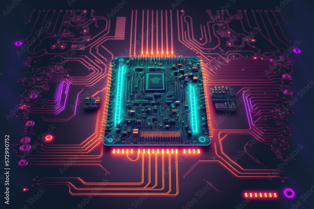 Computer microchip semiconductor on motherboard futuristic cyber neon lighting. Peculiar AI generati