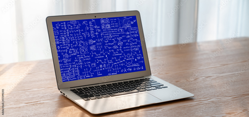 Mathematic equations and modish formula on computer screen showing concept of science and education