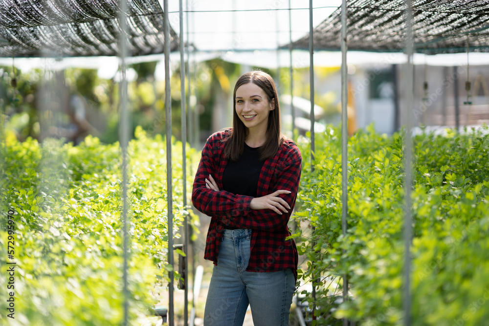 Portrait of young caucasian working in vegetables hydroponic farm with happiness.