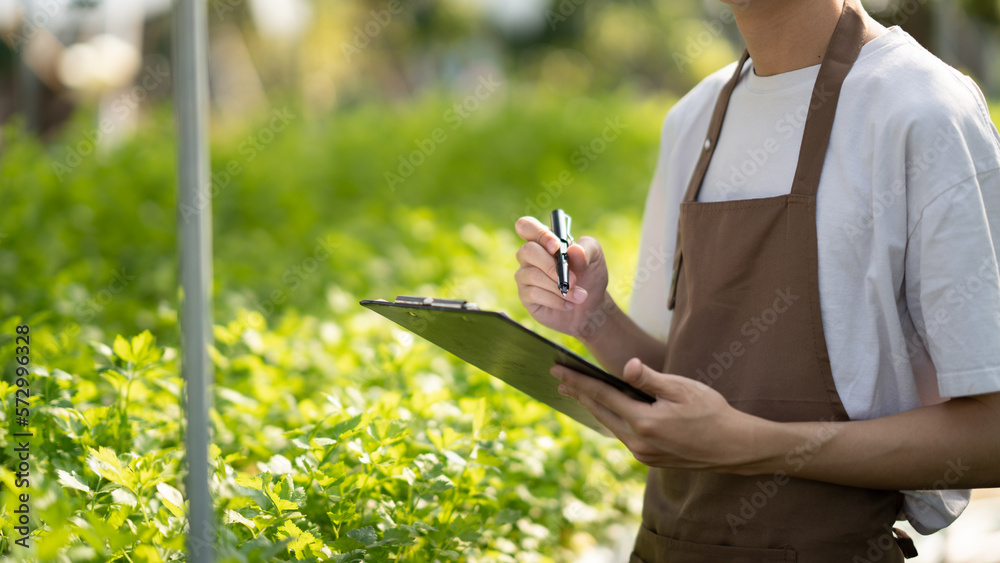 Young handsome Asian farm worker working in the farm while collect and write data on the document.