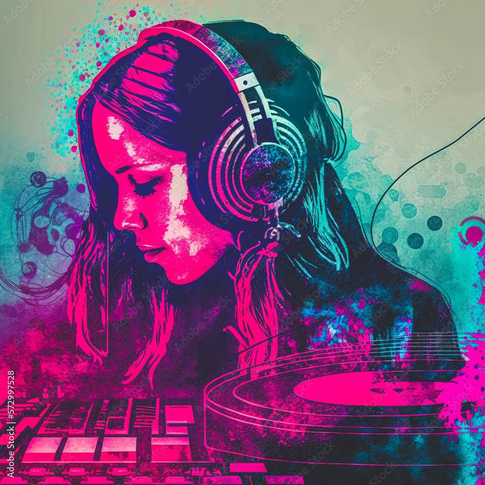 Sedate portrait of beautiful brunette female DJ listening to music in turquoise and pink with double