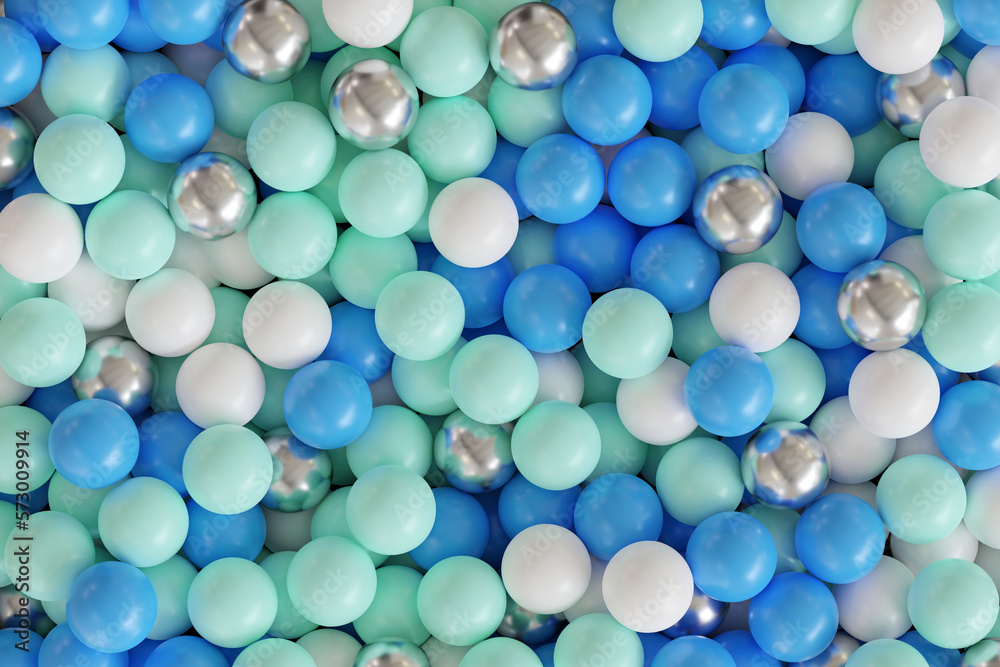 Colorful and glossy balls, sweet candy or bubble gum. Bright background with a lot of blue and silve