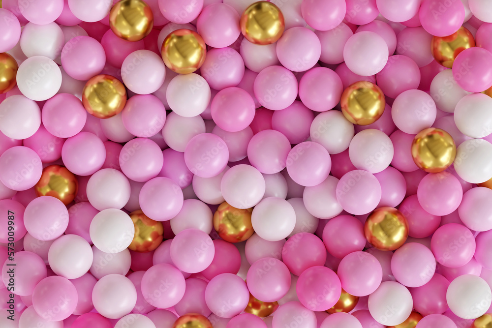 Colorful and glossy balls, sweet candy or bubble gum. Bright background with a lot of pink and gold 