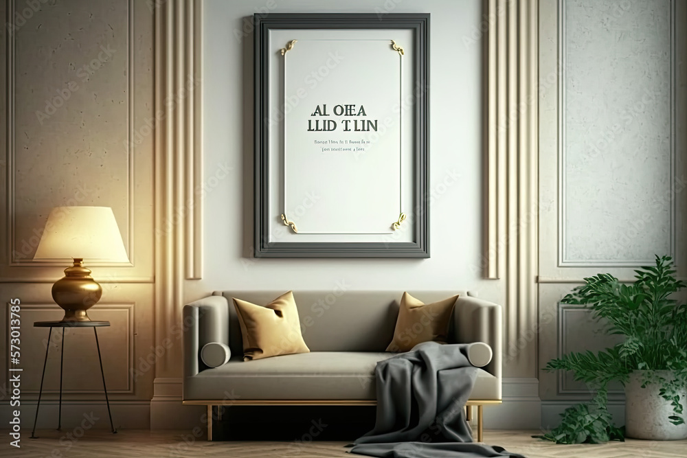 Cozy living room with empty poster frame, generative AI