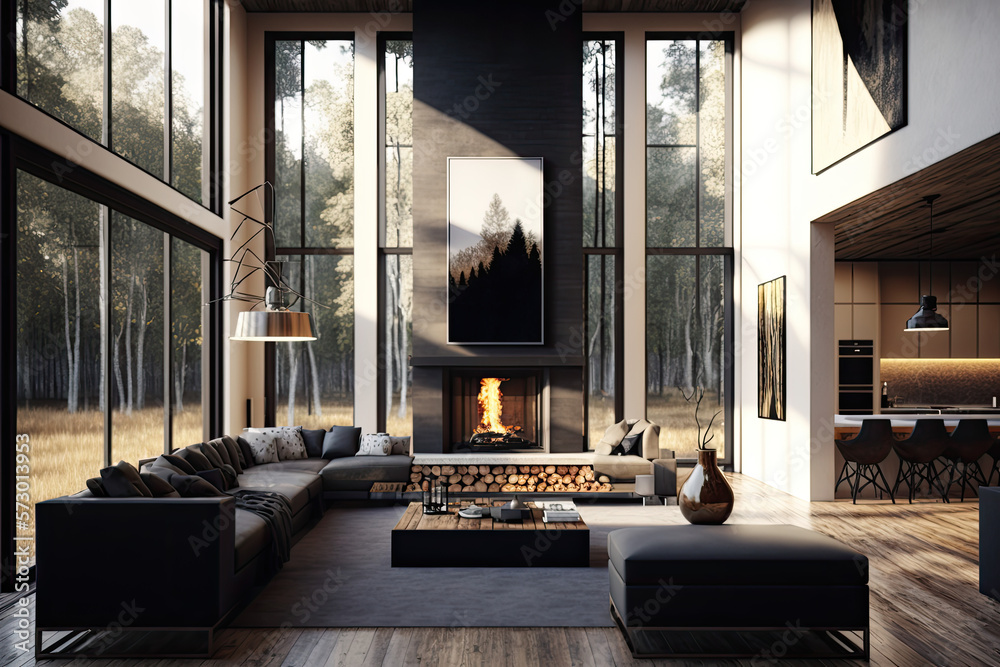 Luxurious expansive living room, very cozy with fireplace, wallpaper, generative AI