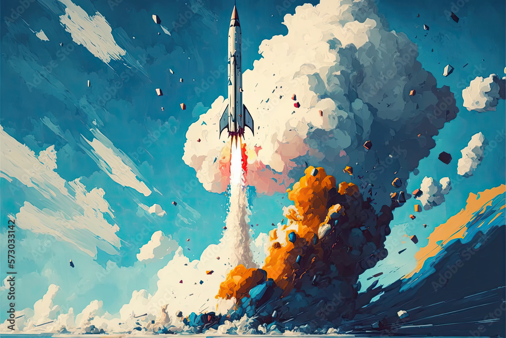 Rocket flying through the clouds, acrylic palette. Generative AI illustration.