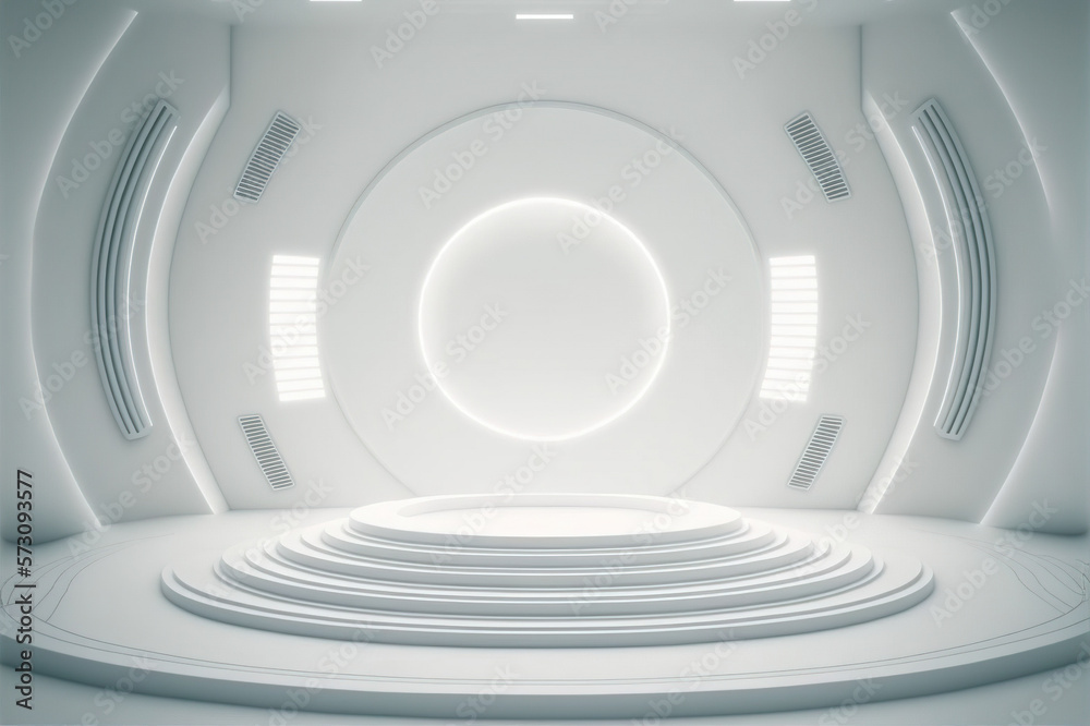 Futuristic stage in a spaceship showroom floor with copy space for product display mock up . White c