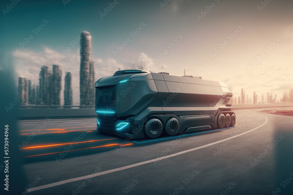 Self driving futuristic freight truck deliver goods to warehouse on city highway road with advanced 