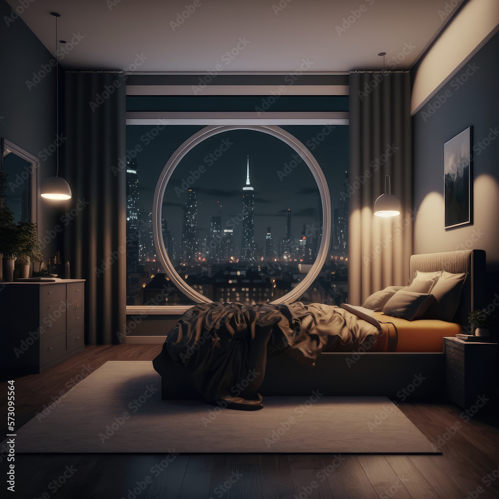 Interior of luxury penthouse bedroom at night. Peculiar AI generative image.