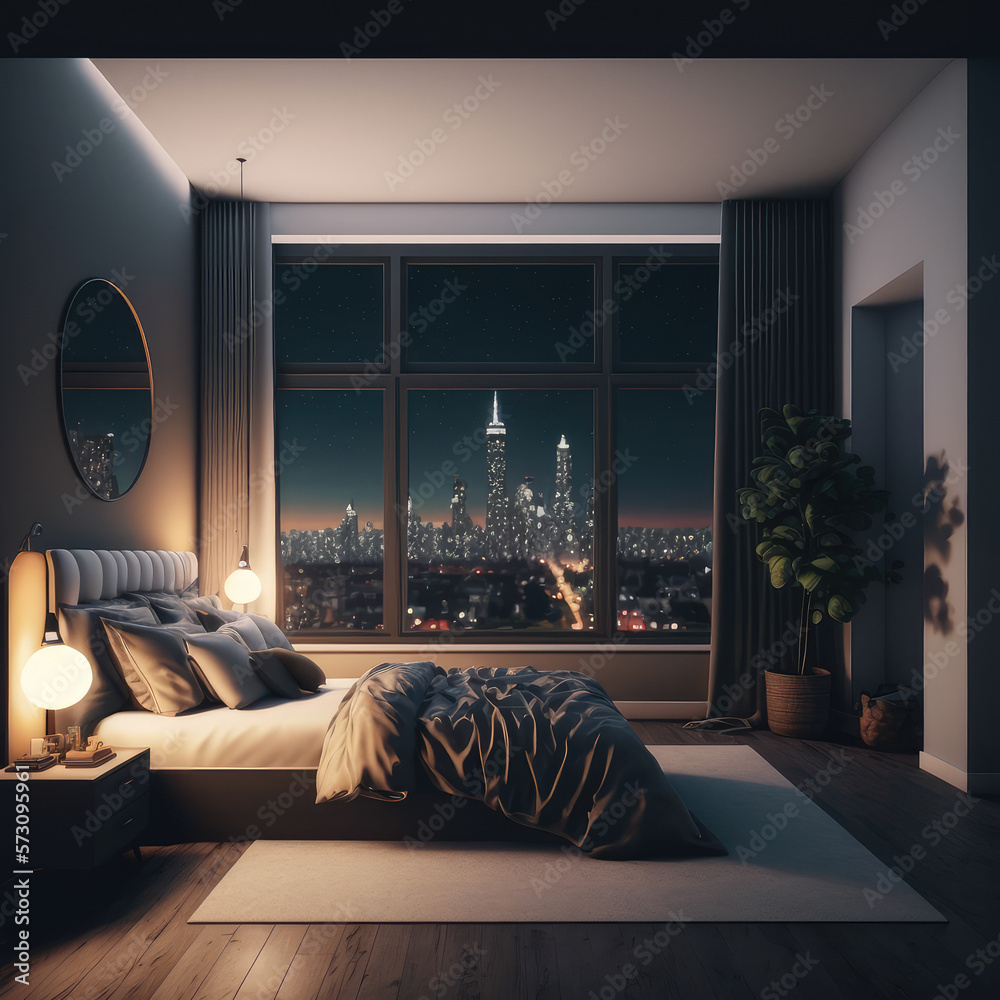 Interior of luxury penthouse bedroom at night. Peculiar AI generative image.