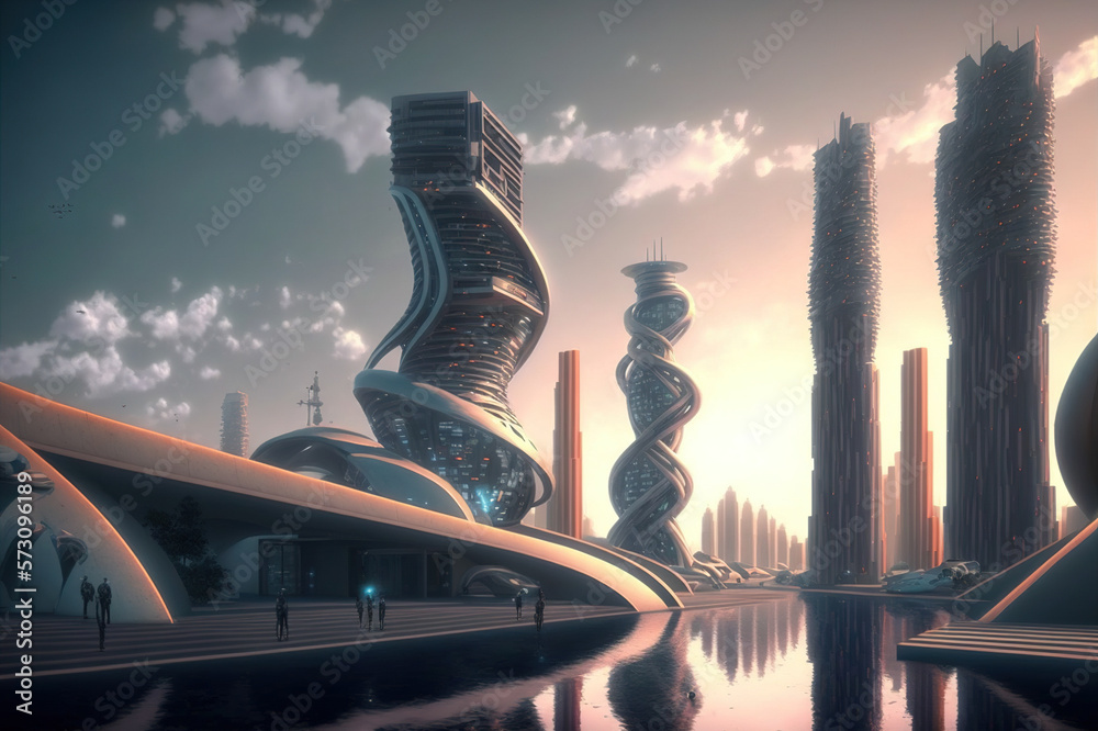 Skyline of futuristic city with fictional architecture in panoramic view . Megalopolis landscape wit