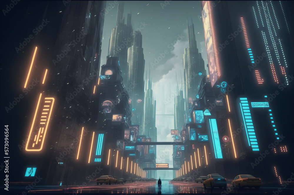 Futuristic city scene with neon light illuminated the dark fictional city street . Sublime Generativ