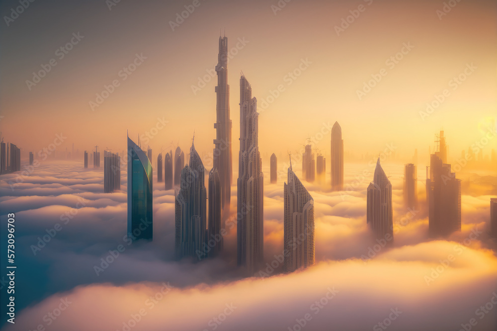 Top of skyscrapers building high above the clouds in the morning sunrise . Futuristic architecture o