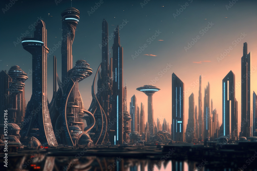 Skyline of futuristic city with fictional architecture in panoramic view . Megalopolis landscape wit