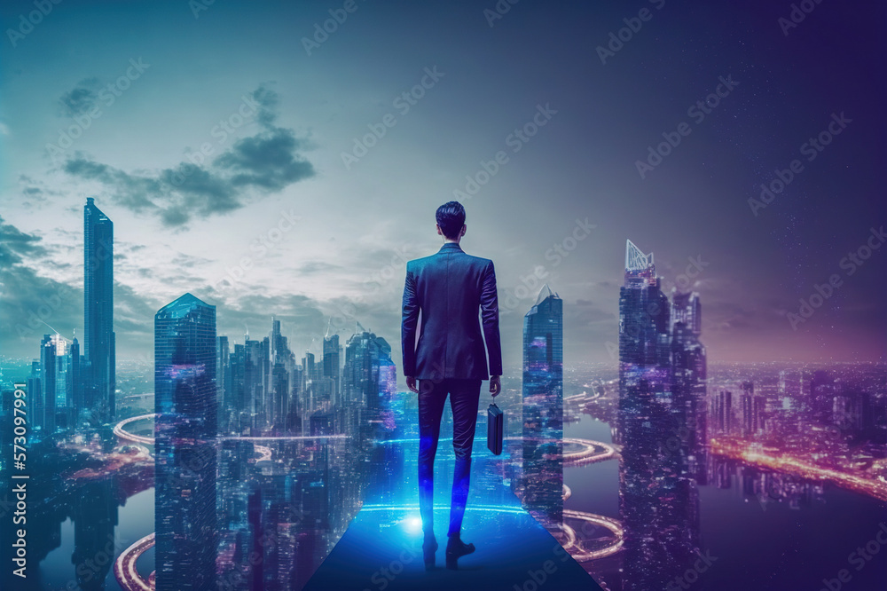 Businessman walking on virtual reality platform to futuristic smart city of opportunity with interne