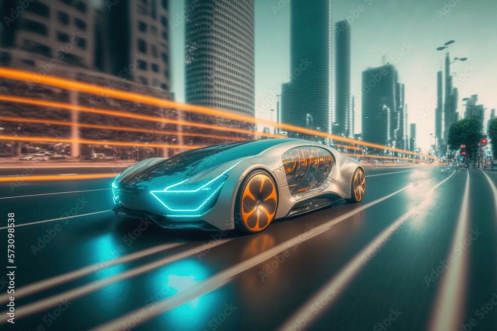 Fast electric car with luxury futuristic autonomous sensor software driving on road in downtown city