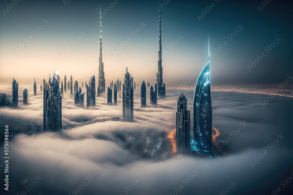 Top of skyscrapers building high above the clouds in the morning sunrise . Futuristic architecture o