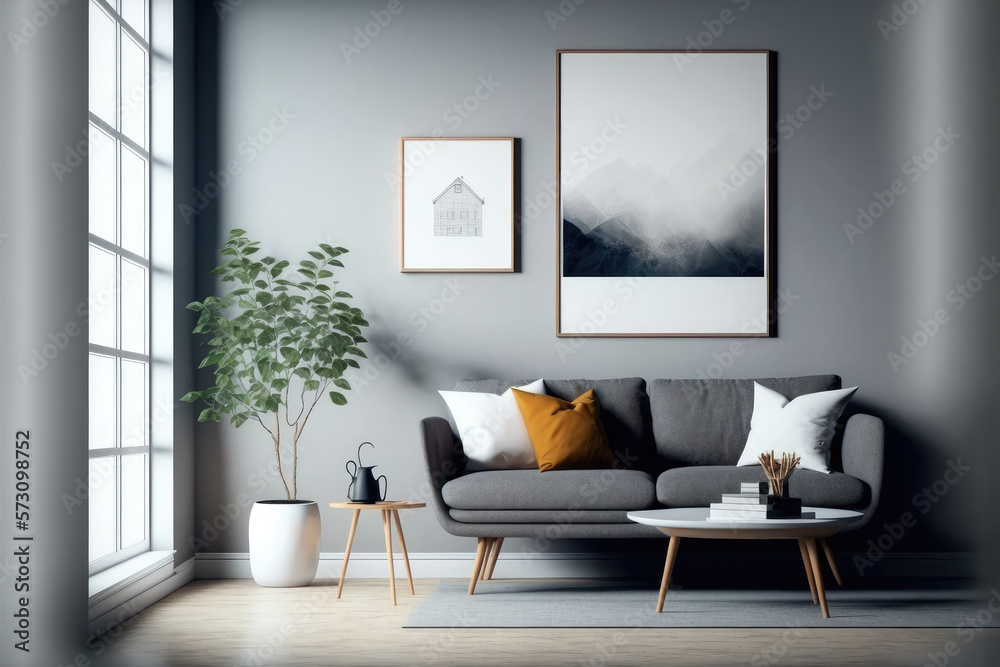 Modern comfortable living room interior design living space. Peculiar AI generative image.