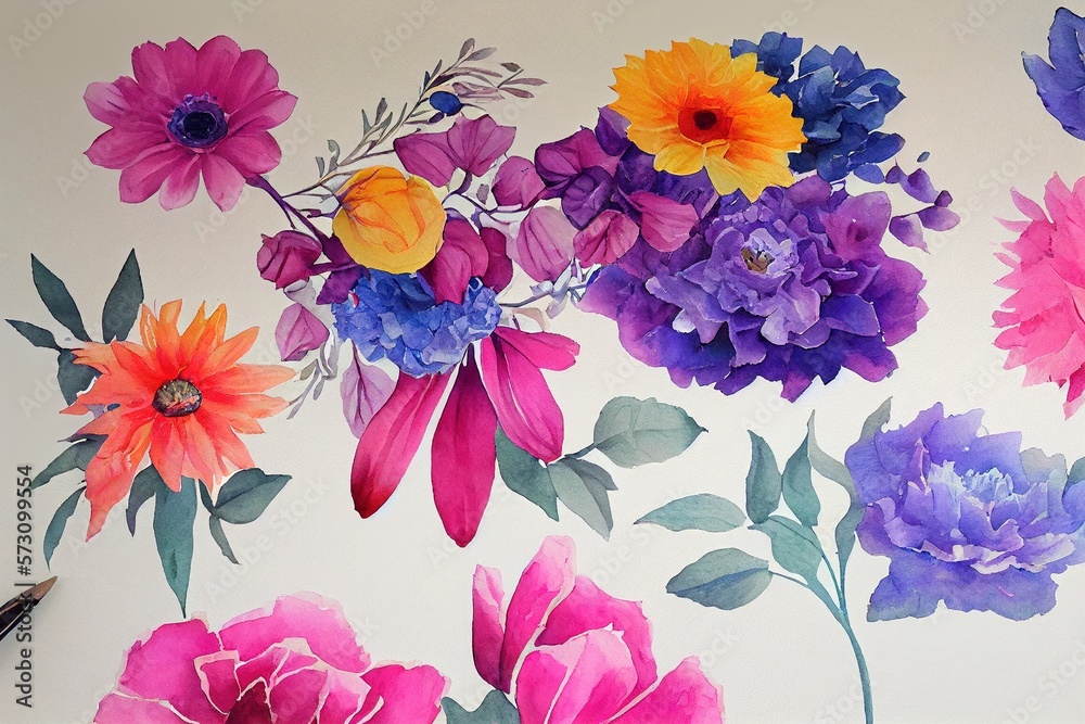 Flower bouquet set watercolor pieces of artwork design. Spring and summer flower nature in style of 