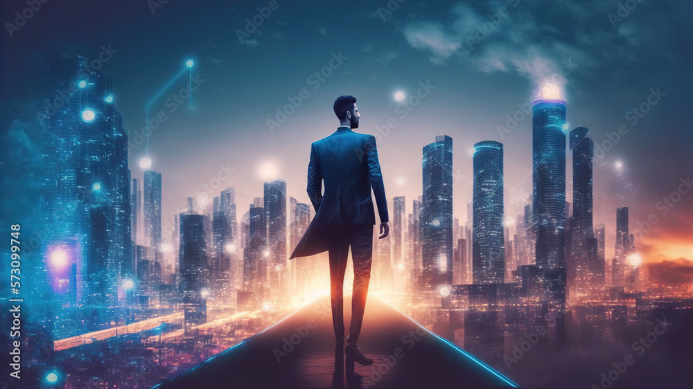 Businessman walking on virtual reality platform to futuristic smart city of opportunity with interne